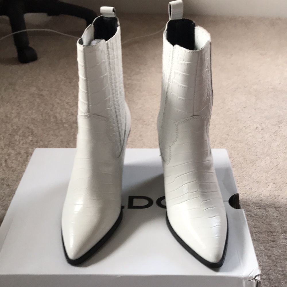 Aldo White Croc-Embossed Pointed Toe Ankle Booties